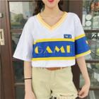 Letter Colour Block V-neck Short-sleeve T-shirt