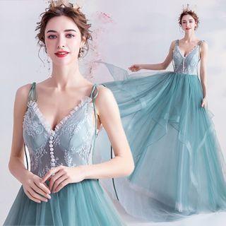 Spaghetti Strap Lace Panel Layered A-line Evening Gown