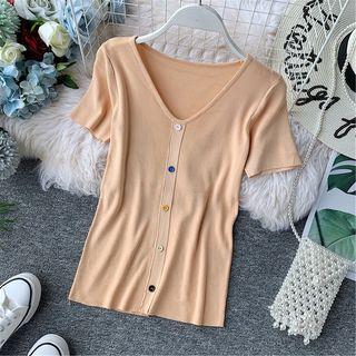 Button-detail V-neck Plain Knit Top