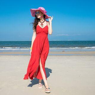 Spaghetti Strap Open Back Midi A-line Beach Dress