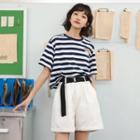 Set: Short-sleeve Striped T-shirt + Belted Pants With Belt - T-shirt - Stripe - Black & White - One Size / Pants - White - One Size
