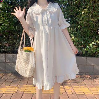 Elbow-sleeve Button-up Midi A-line Dress