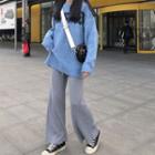 Round-neck Lettering Long-sleeve Sweater / High-waist Wide-leg Knit Pants