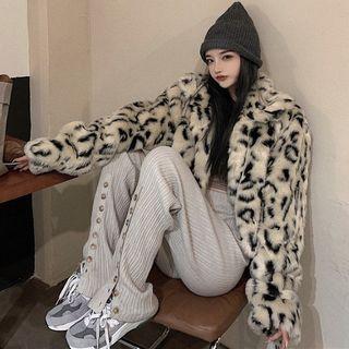 Leopard Print Cropped Fluffy Zip-up Jacket Beige - One Size