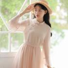 Traditional Chinese Long-sleeve Chiffon Top / Mesh A-line Midi Skirt