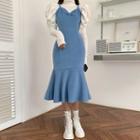 Puff-sleeve Turtleneck Blouse / Spaghetti Strap Midi Mermaid Dress