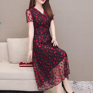 Short-sleeve Polka Dot Mesh A-line Midi Dress