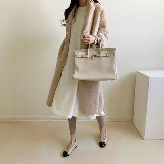 Single-breasted Faux-fur Long Coat Light Beige - One Size