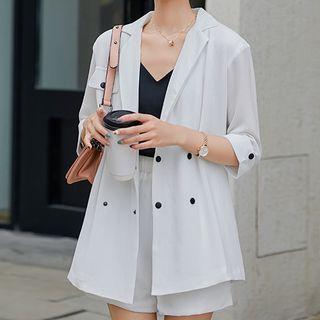 Set: V-neck Elbow-sleeve Blouse + High-waist Shorts