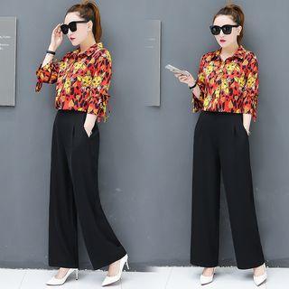 Set: Elbow-sleeve Print Shirt + Wide-leg Pants