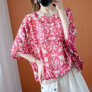 Printed Elbow-sleeve Drawstring T-shirt