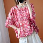Printed Elbow-sleeve Drawstring T-shirt