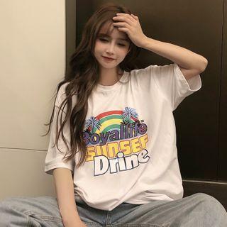 Lettering Rainbow Short-sleeve Round Neck T-shirt
