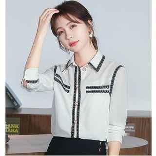 Long-sleeve Embellished Buttoned Chiffon Blouse