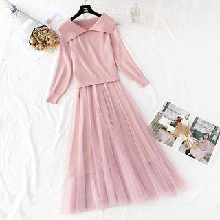 Set: Plain Knit Top + Sleeveless Mesh Dress