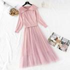 Set: Plain Knit Top + Sleeveless Mesh Dress