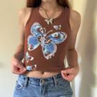 Butterfly Printed Round Neck Cropped Tank Top