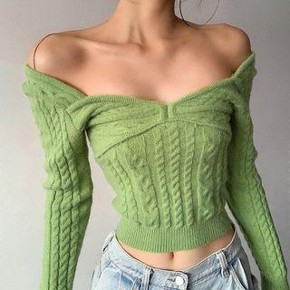 Long Sleeve Square-neck Cable-knit Crop Sweater