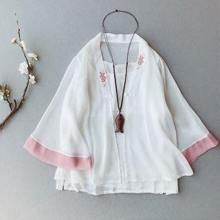 3/4-sleeve Floral Embroidered V-neck Blouse
