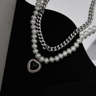 Heart Pendant Faux Pearl Stainless Steel Necklace 1 Pc - White - One Size