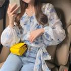 Puff-sleeve Floral Print Blouse Blue & White - One Size