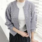 Faux-pearl Beaded Knit Bomber Jacket