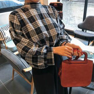 Mock-neck Balloon-sleeve Plaid Top