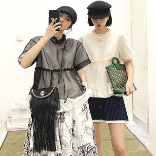 Short Sleeve Ruffle Hem Mesh Top