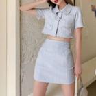 Short-sleeve Button-up Tweed Crop Top / Mini A-line Skirt