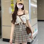 Short-sleeve Top / Camisole Top / Plaid Pleated Skirt
