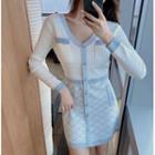 V-neck Contrast Trim Knit Mini Bodycon Dress White - One Size