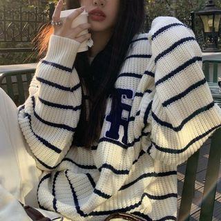Round Neck Lettering Striped Sweater Stripe - Blue & White - One Size