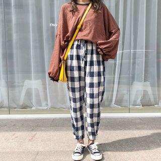 Puff-sleeve Striped Top / Plaid Slim-fit Pants