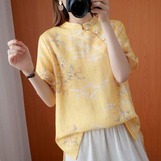 Short-sleeve Mandarin Collar Print Blouse