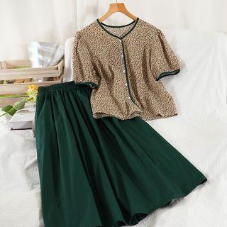 Set: Short-sleeve Floral Top + Midi A-line Skirt