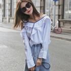 Off Shoulder Ruffled Pinstriped Blouse