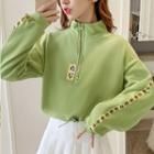 Mock Neck Long-sleeve Applique Zipped Hooded Pullover