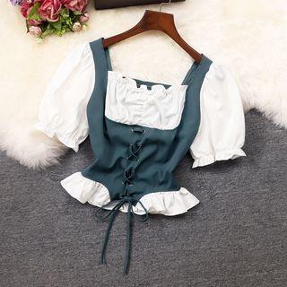 Puff Sleeve Color Block Lace-up Blouse