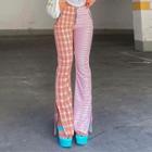 High-waist Plaid Paneled Slit Boot-cut Pants