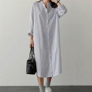 Long Sleeve Striped Shirt Dress White - One Size/m