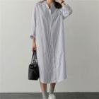 Long Sleeve Striped Shirt Dress White - One Size/m