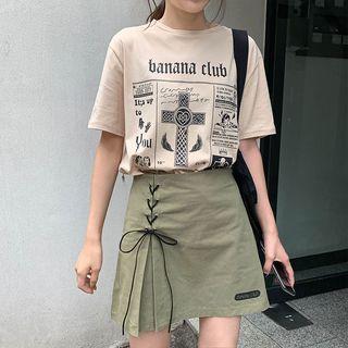 Short-sleeve Crew-neck Loose-fit T-shirt/plain High-waist Drawstring A-line Skirt