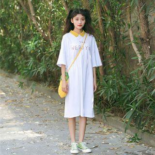 3/4-sleeve Embroidered Letter Midi T-shirt Dress