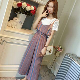 Set: Short-sleeve T-shirt + Striped Cropped Wide-leg Jumper Pants