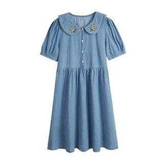 Embroidered Collar Short Sleeve Denim Dress Blue - One Size