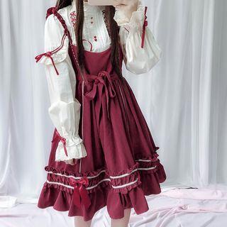 Frill Trim Lace-up Shirt / Spaghetti Strap A-line Dress / Hair Band