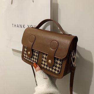 Houndstooth Panel Faux Leather Satchel Crossbody Bag