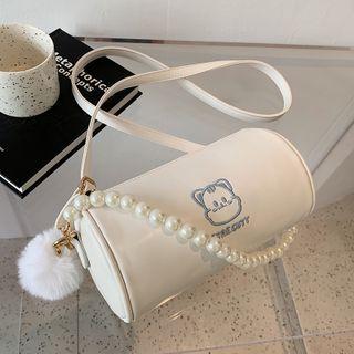 Faux Pearl Cartoon Embroidered Barrel Crossbody Bag