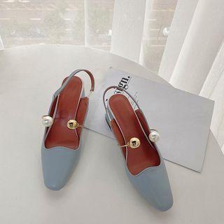 Faux Pearl Chunky Heel Slingback Pumps