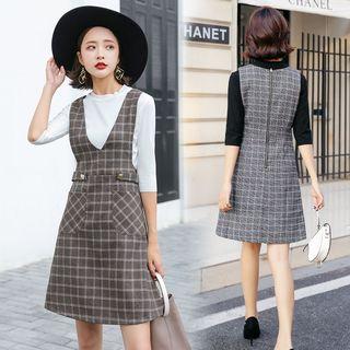 Set : Elbow-sleeve Top + Plaid Sleeveless Dress